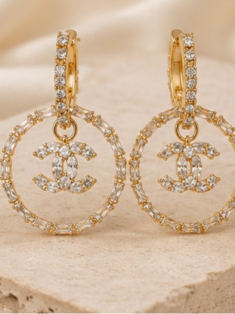 Designer Inspired Crystal Circle Drop Hoop Earrings Gold